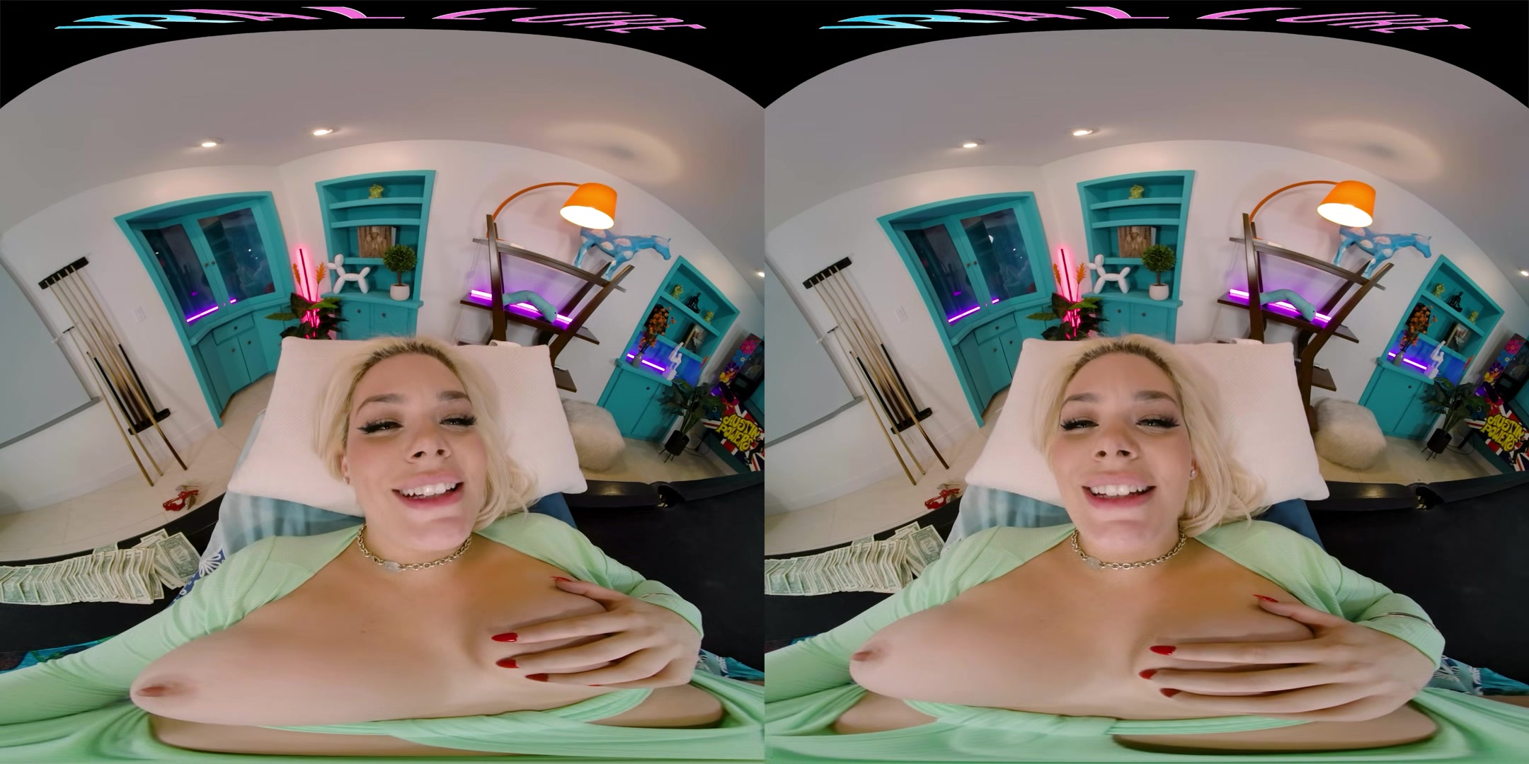 Seductive blonde with big boobs gives you a steamy show in VR