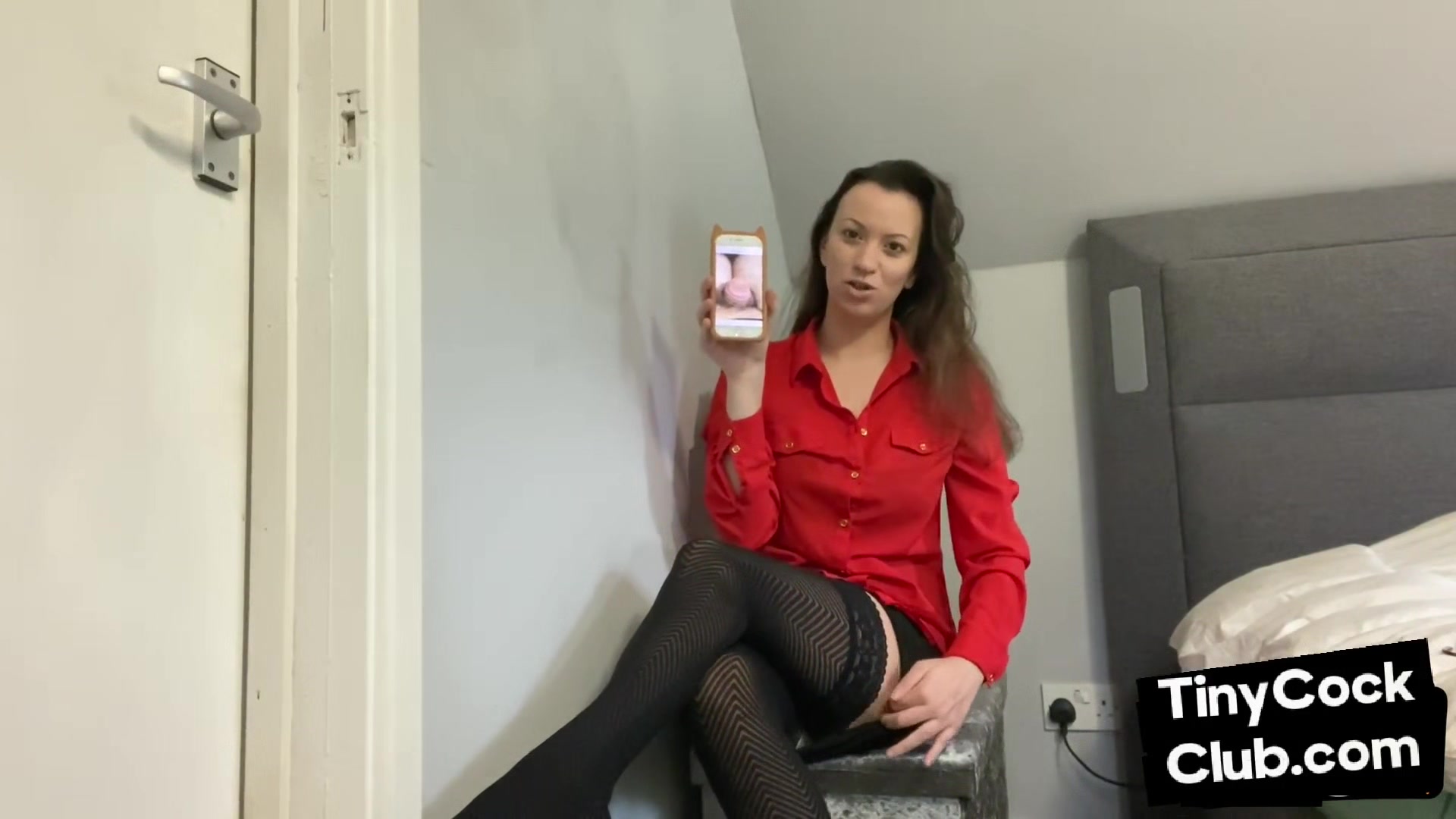 SPH domina in leather skirt talks bad to small dick losers
