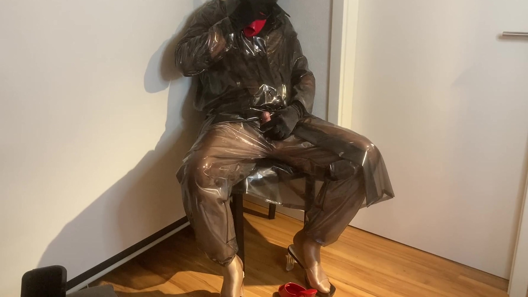 Red Mules Cum And Plastic Fetish Outfit