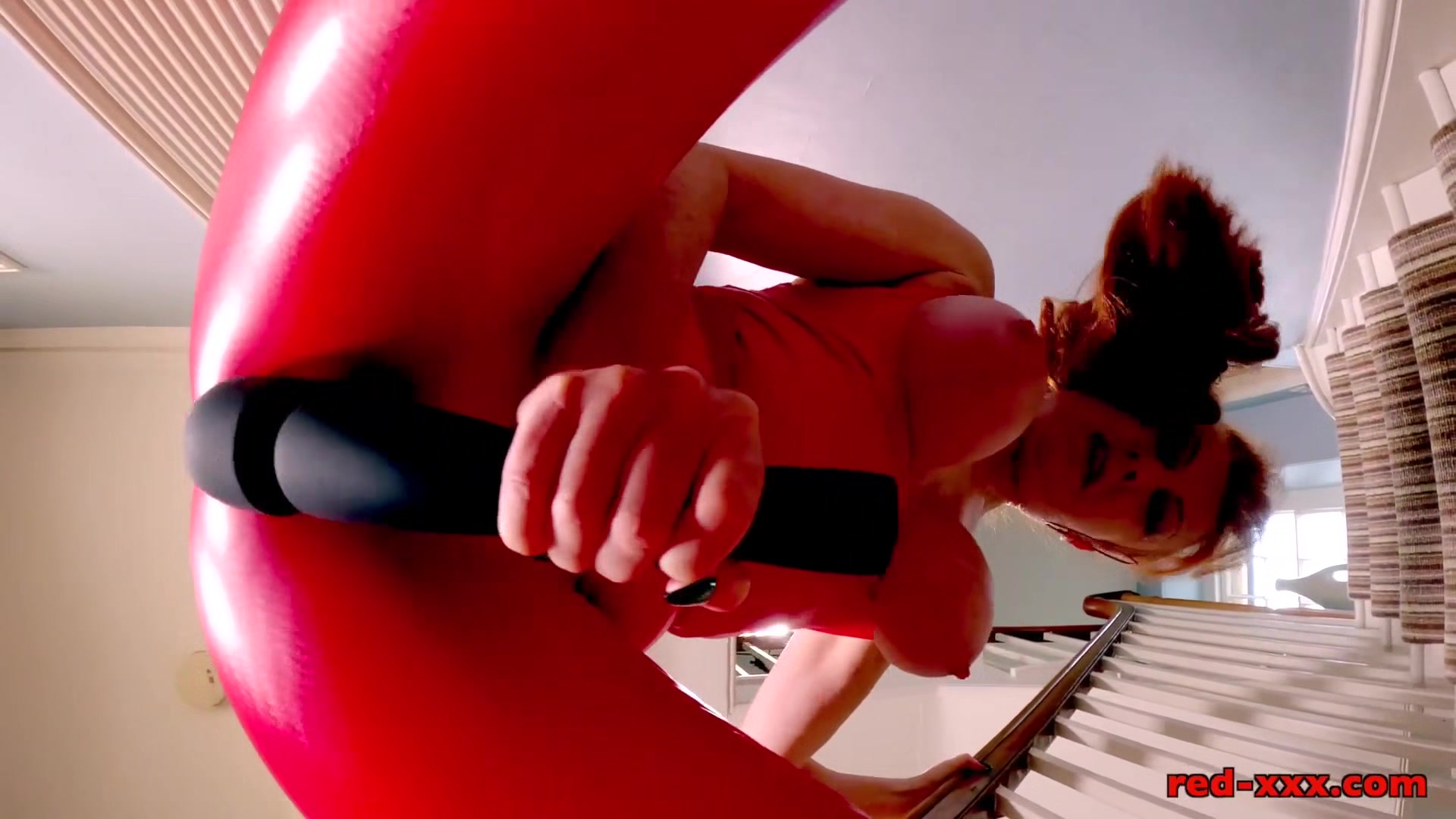 Red XXX sucks cock in a red latex outfit