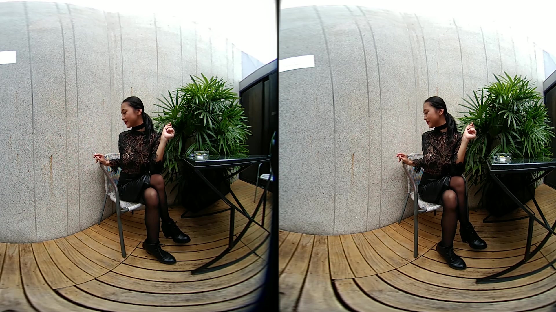 Young Girl Smokes Topless And In Leather Skirt - VRPussyVision