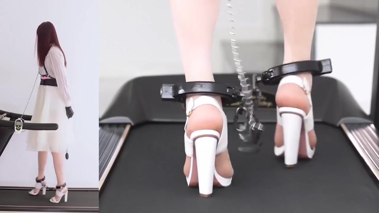 Asian Chained Treadmill Walking In Heels