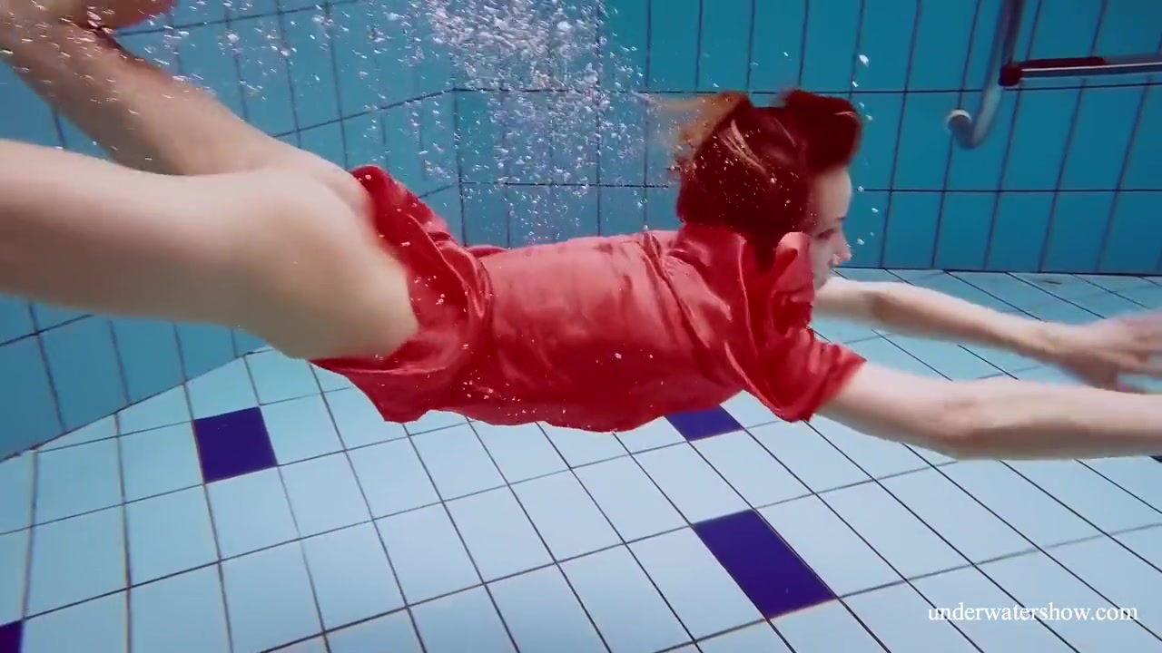 Red Long Dress And Big Tits Floating In The Pool