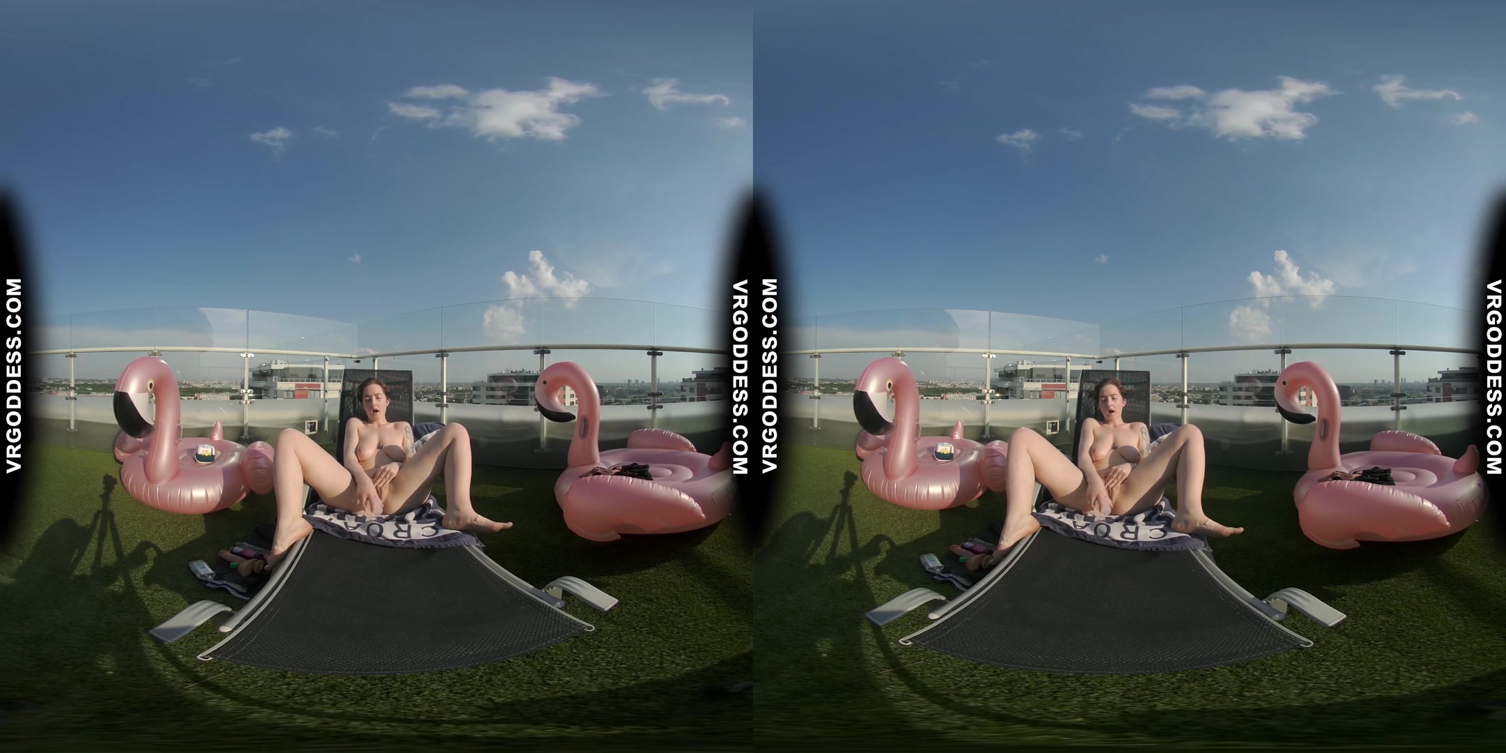 Big Boobed Tattoo Sammy Masturbating With A Dildo In The Sun On Private Penthouse Rooftop
