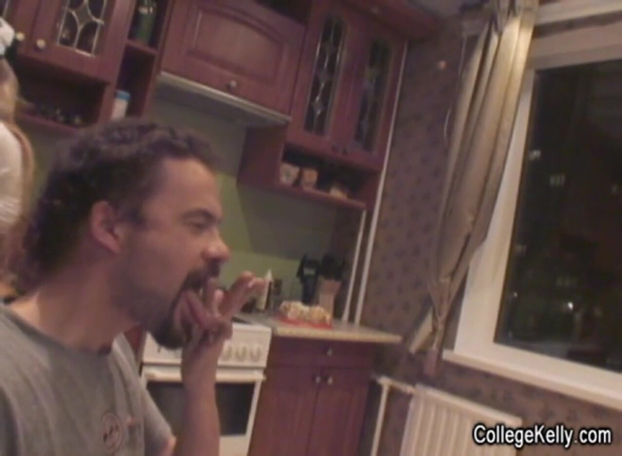 Naughty college slut creamed all over in the kitchen