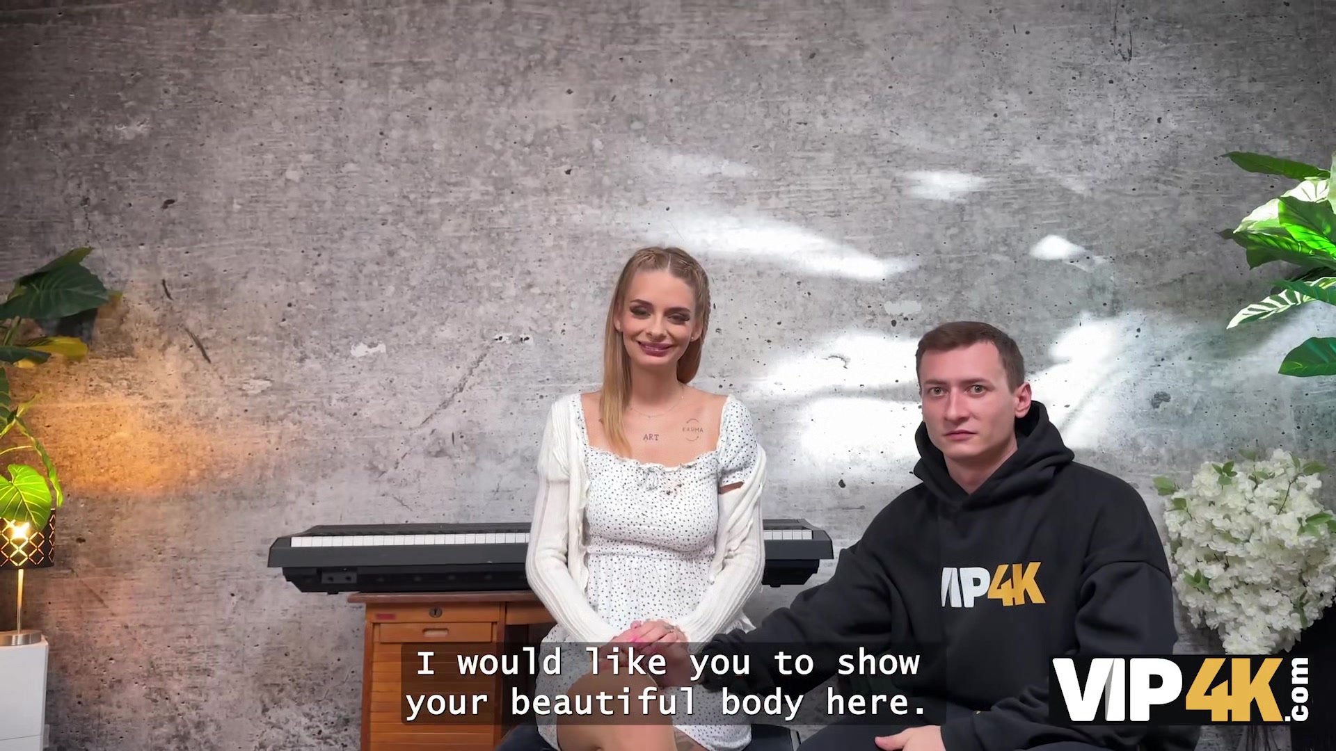 VIP4K. Young beauty with natural tits is cheating on her BF in front of him