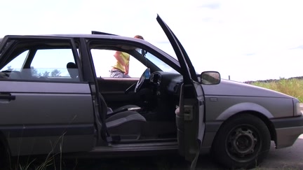 Angel sucks in the car on the roadside