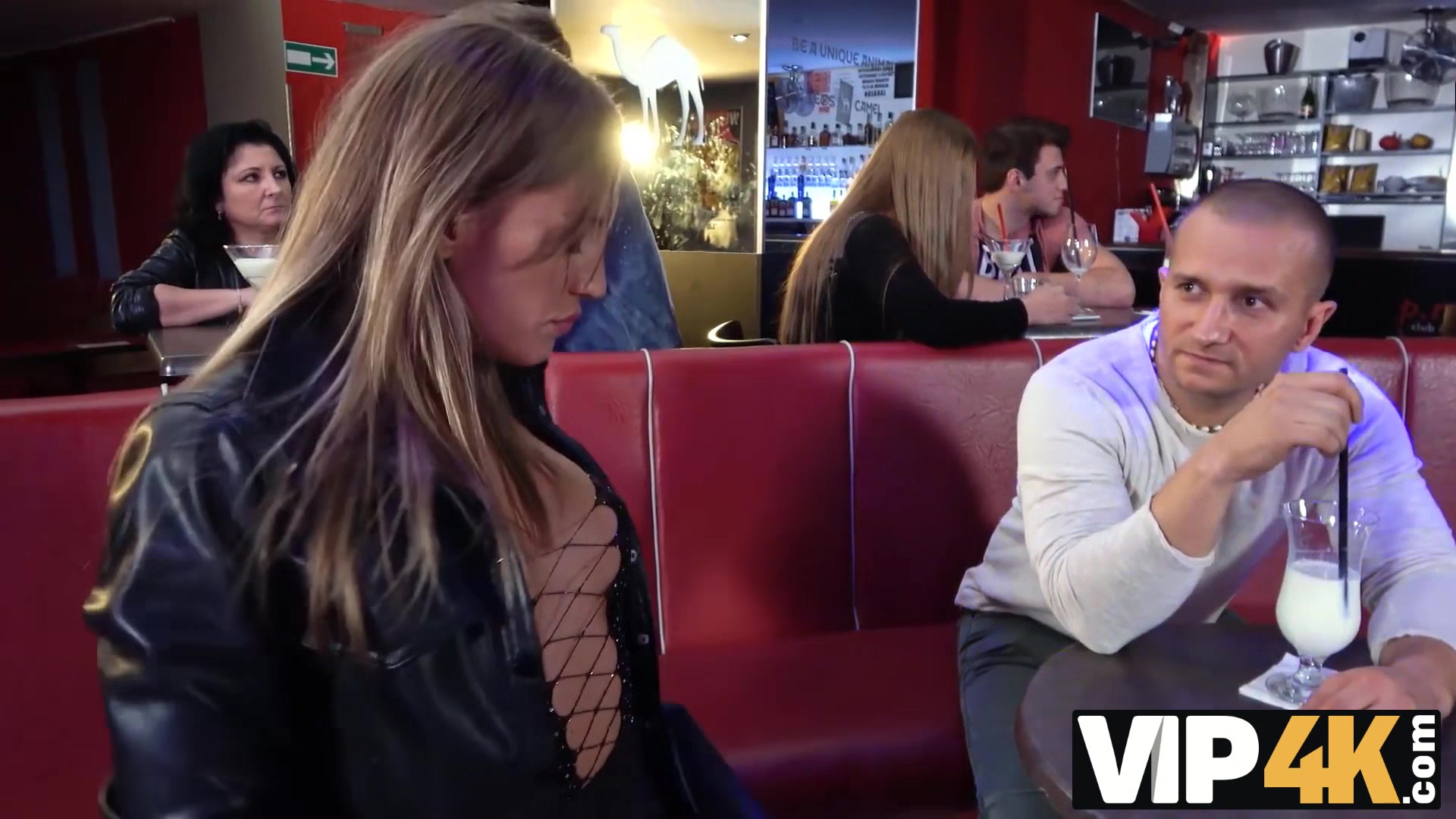 VIP4K. Husband watches tattooed wife fucking in public place