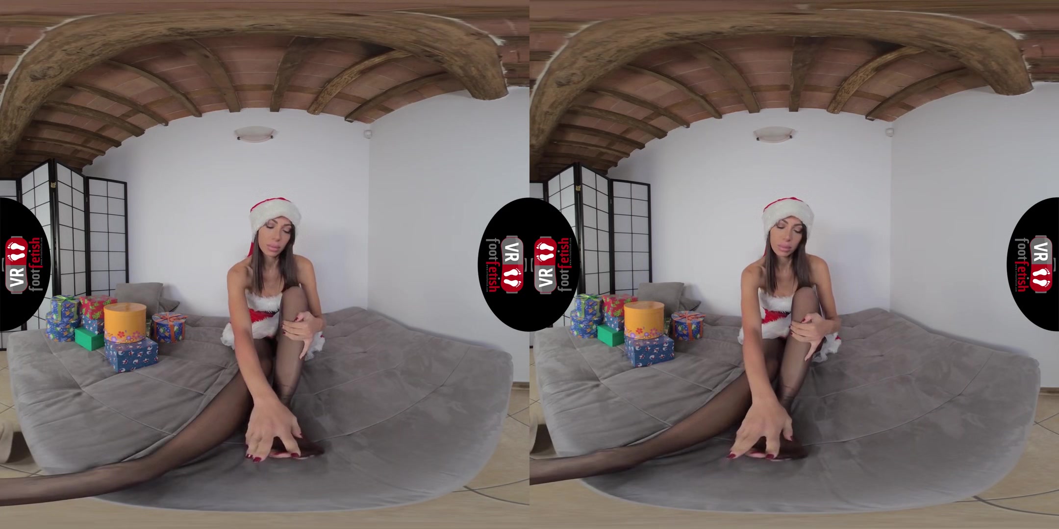 Stunning Daniela flaunts her sexy feet and wishes you Merry Christmas; Stockings Foot Fetish VR