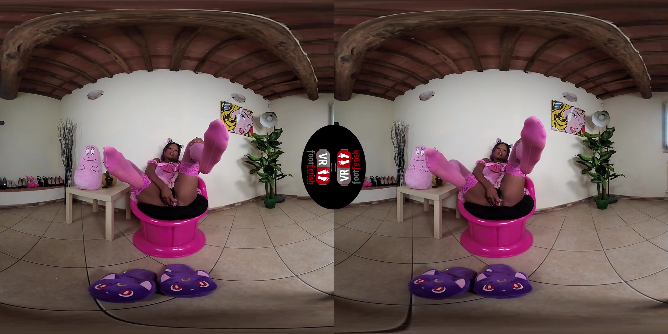 Hot Brunette Janelle Plays With Dildo Dressed In Pink Stockings With Kawaii Slippers; Ebony Babe in Kitty Cosplay Foot Fetish VR