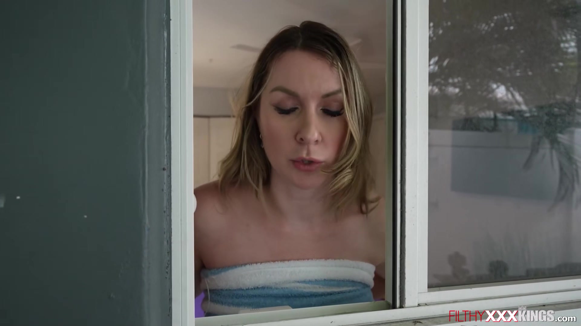 Busty milf fucks perv guy peeping on her