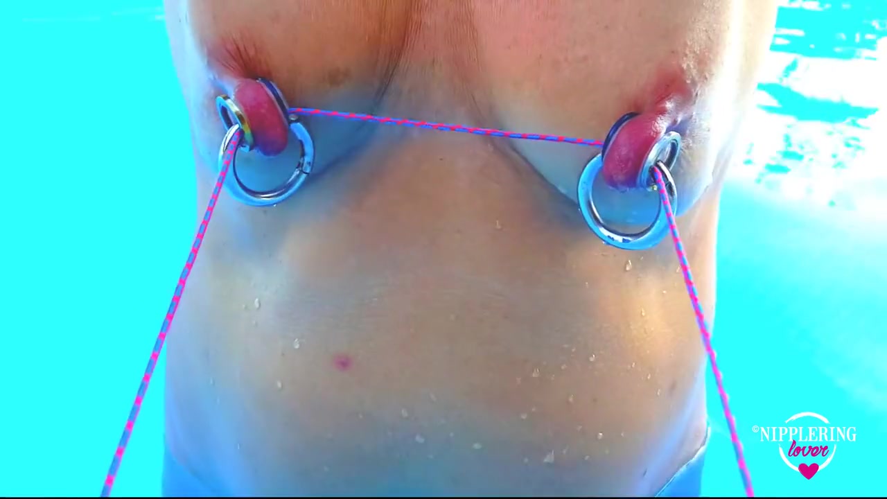 Nippleringlover Nipple Bondage Outdoor In Pool - Rope Through Huge Pierced Nipples - Nipple Torture