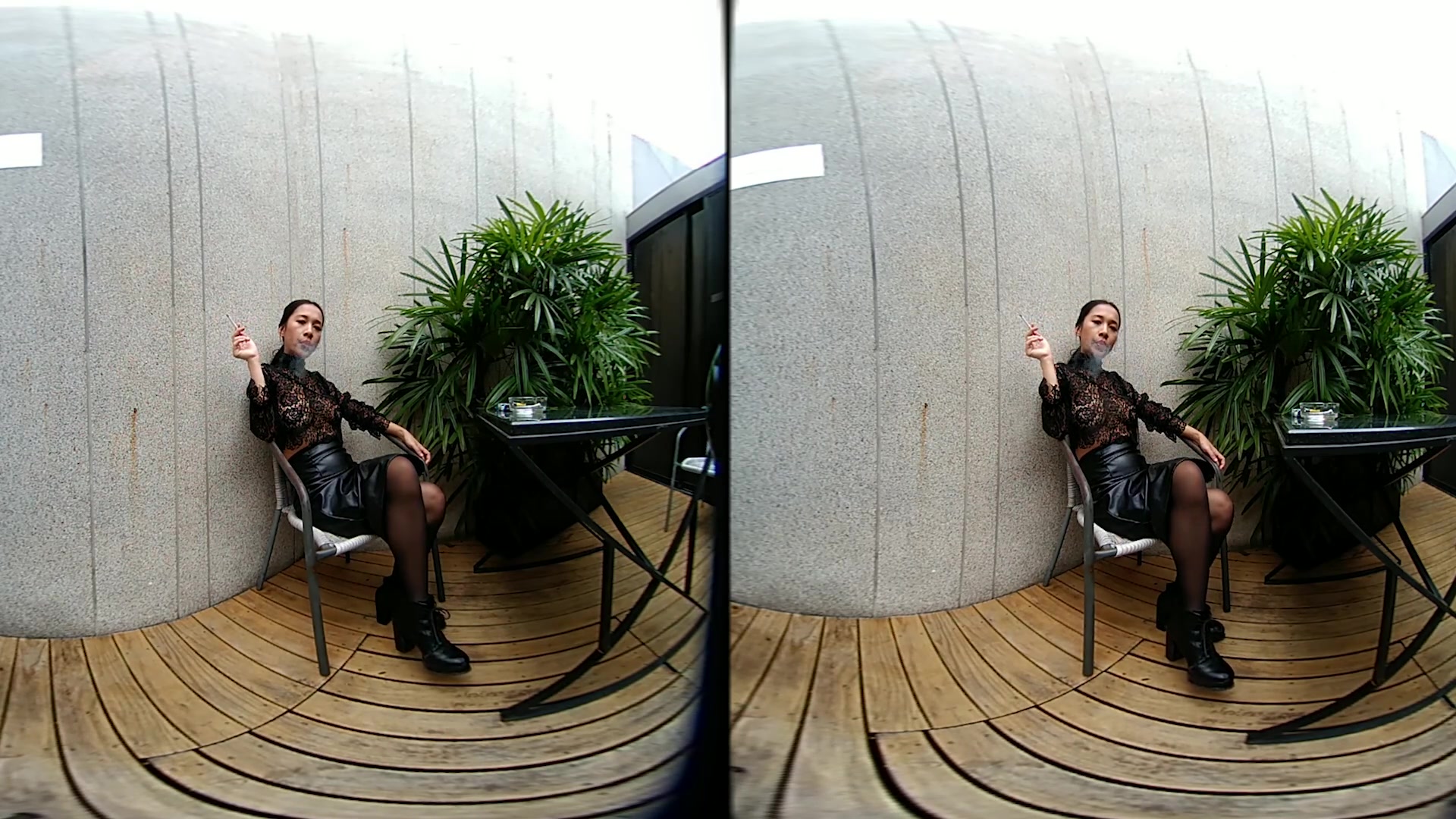 Young Girl Smokes Topless And In Leather Skirt - VRpussyVision