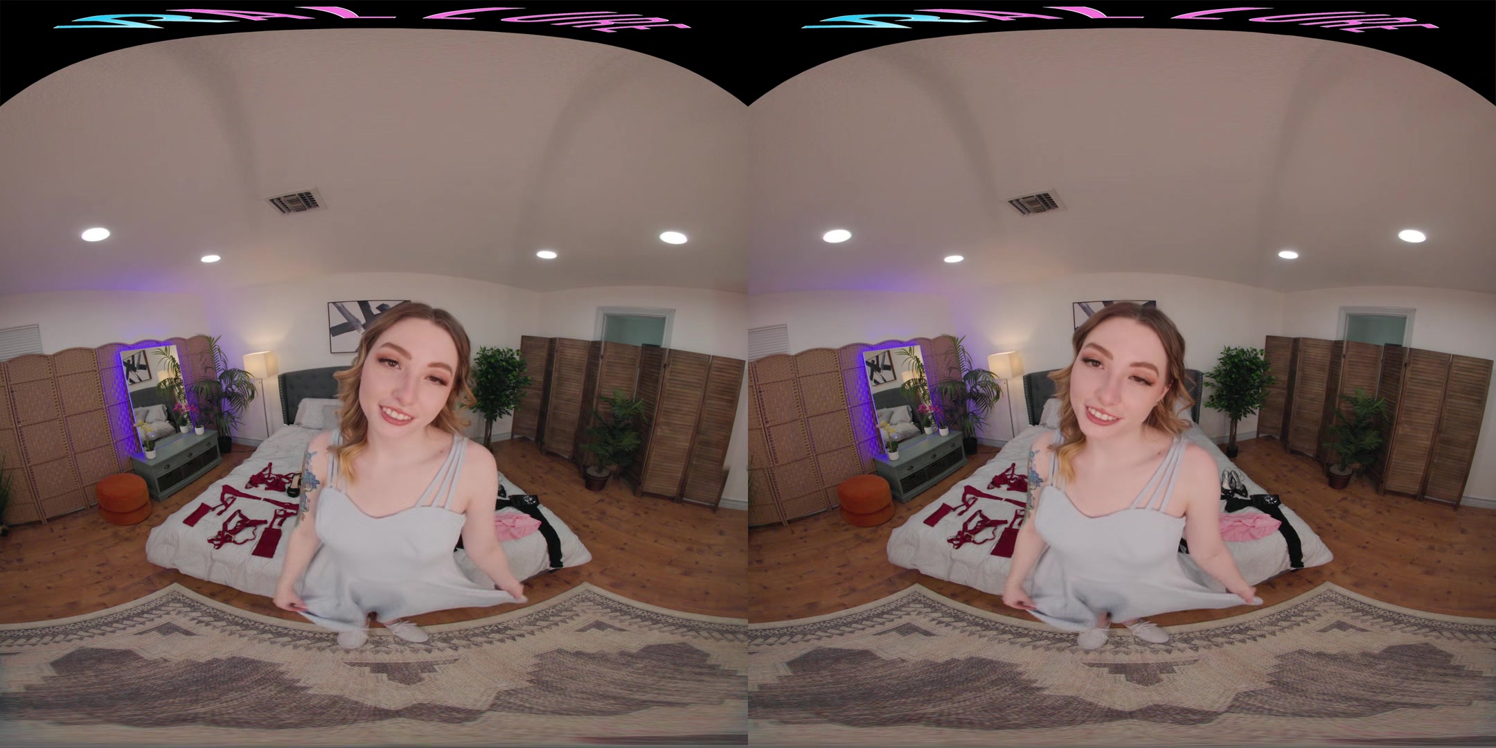 Adorable blonde masturbates in lingerie in virtual reality
