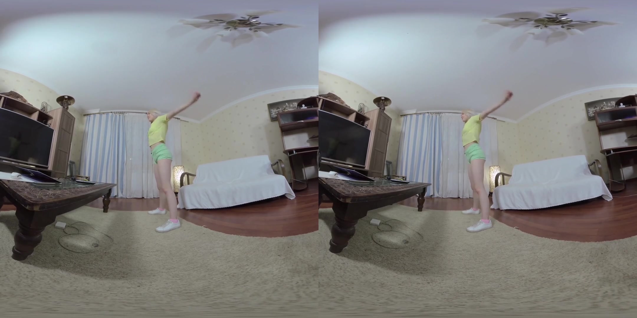 Little Young Blonde Does Fitness And Masturbates Then Change Clothes & Does Blowjob For Old Professor; Petite Blonde