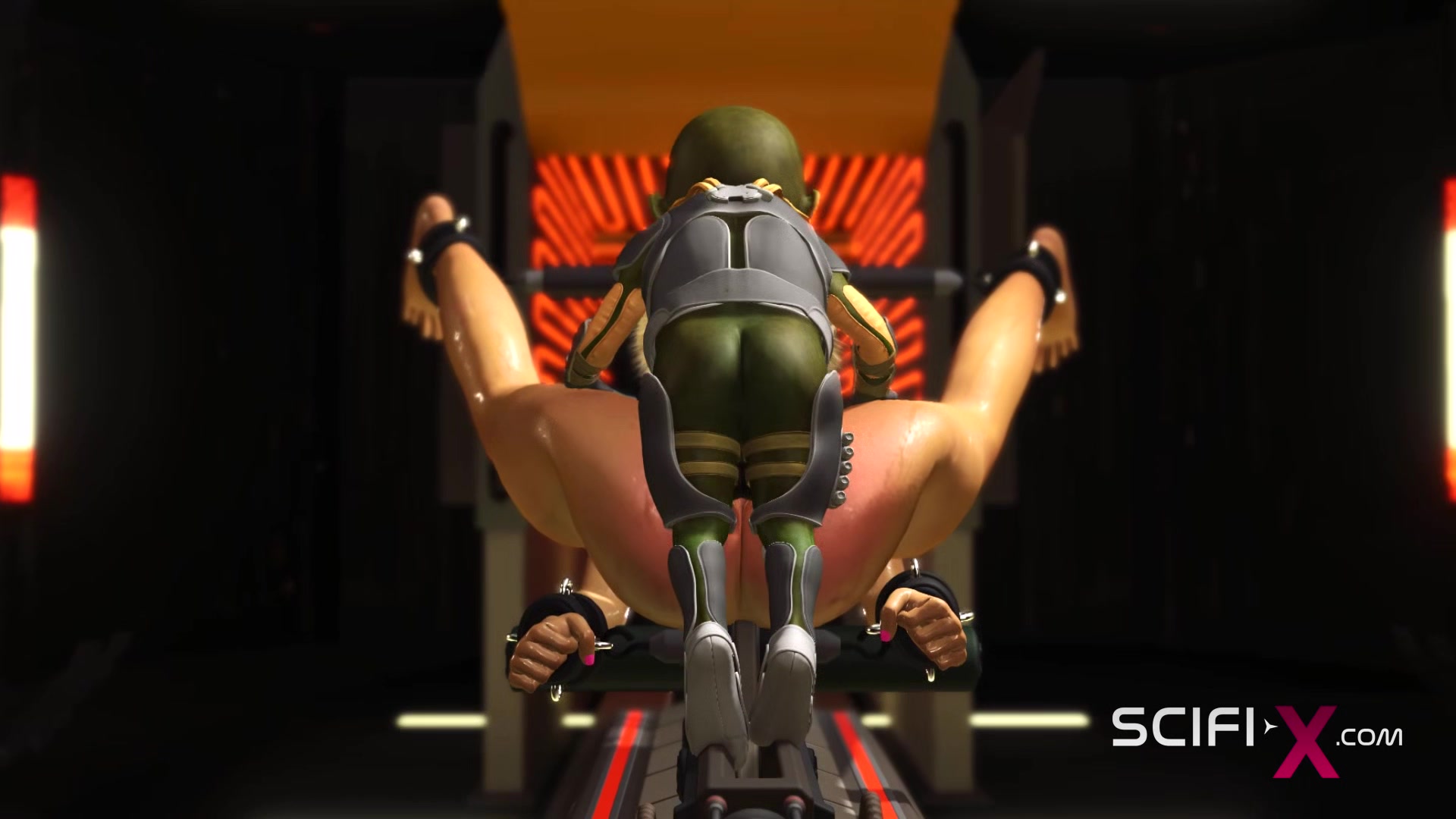 Hot sex with alien. A sexy blonde has crazy fuck with a green alien in a spaceship