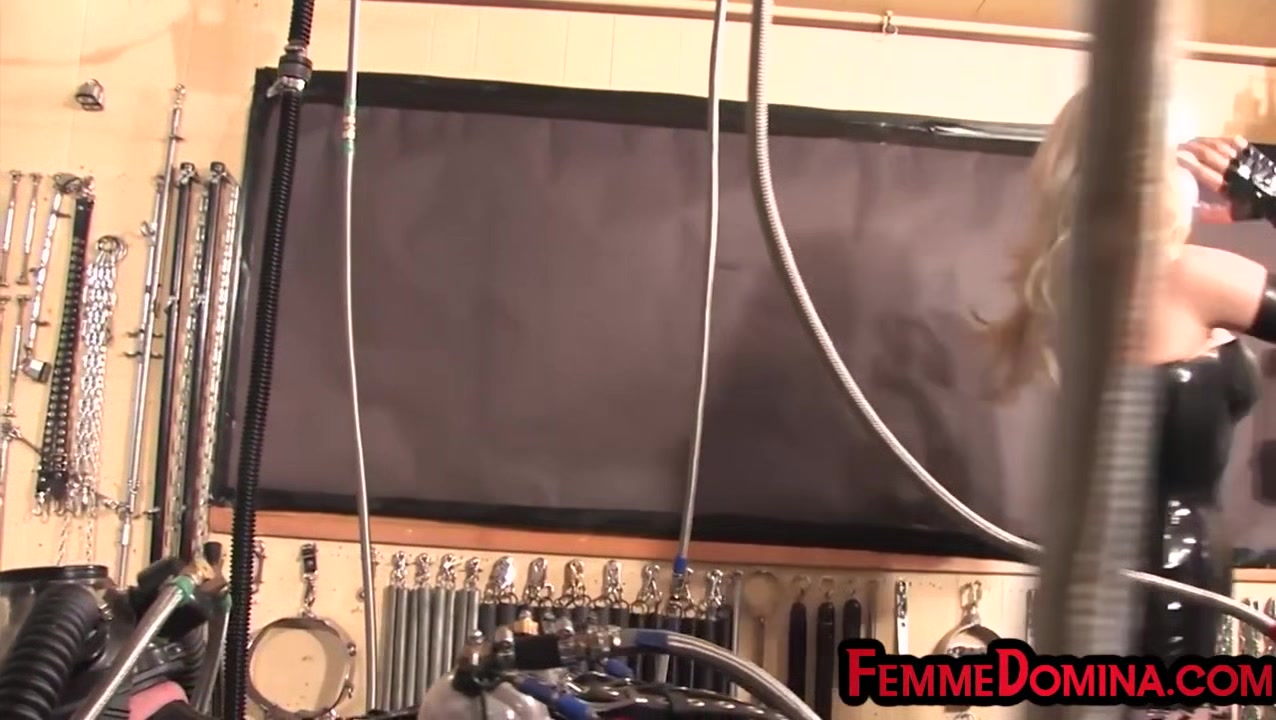 Femdom BDSM latex domina torments sub with cock pump
