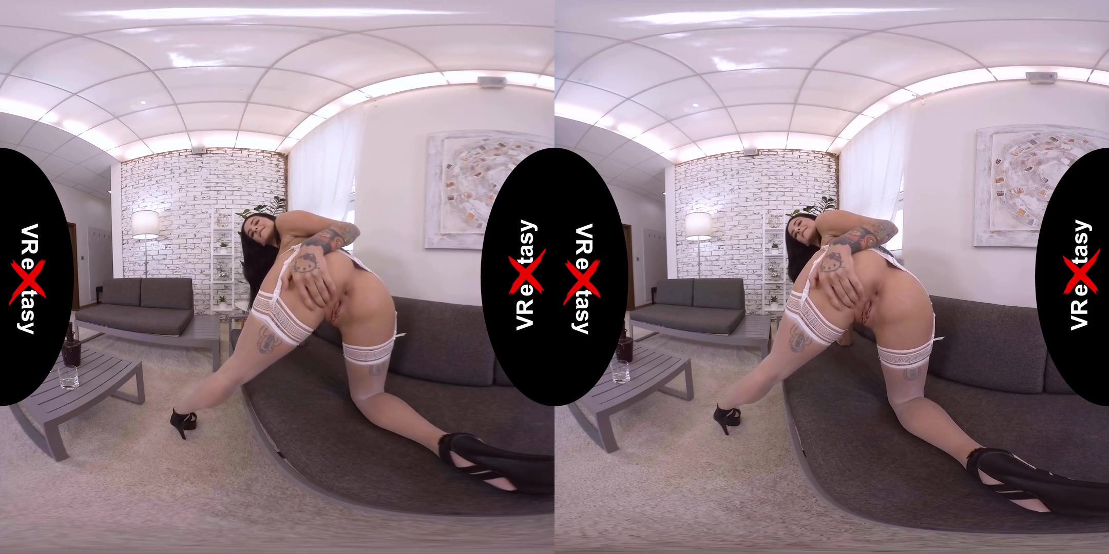 Barbie Esm - Solo in White Stockings - Big Tits Brunette Stripping and Masturbating