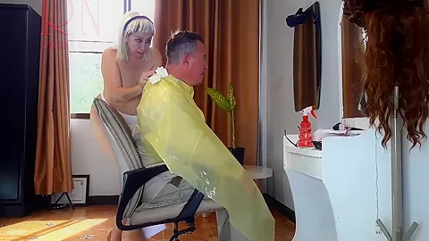 Nudist Barbershop. Nude Lady Hairdresser In An Apron. The Client Is Surprised. 3