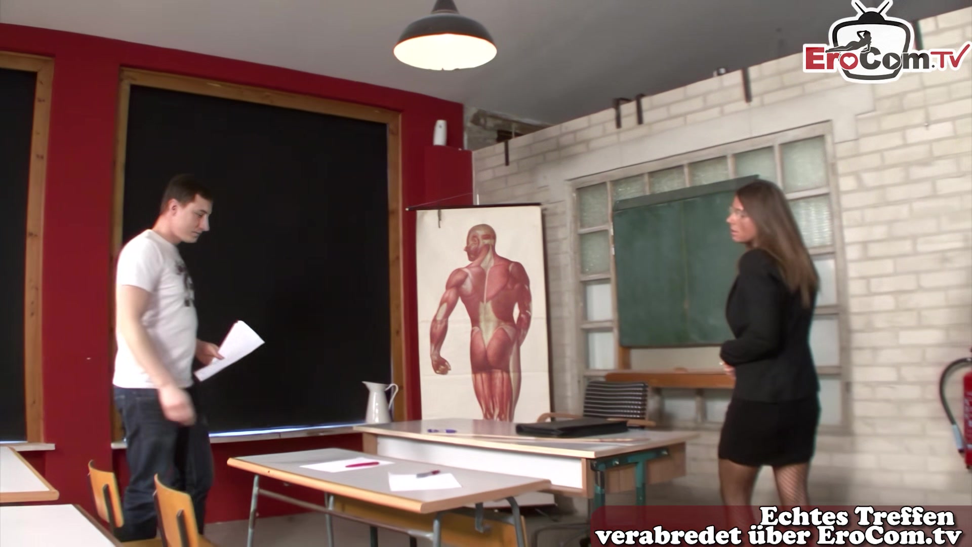 German horny teacher with big tits seduces students
