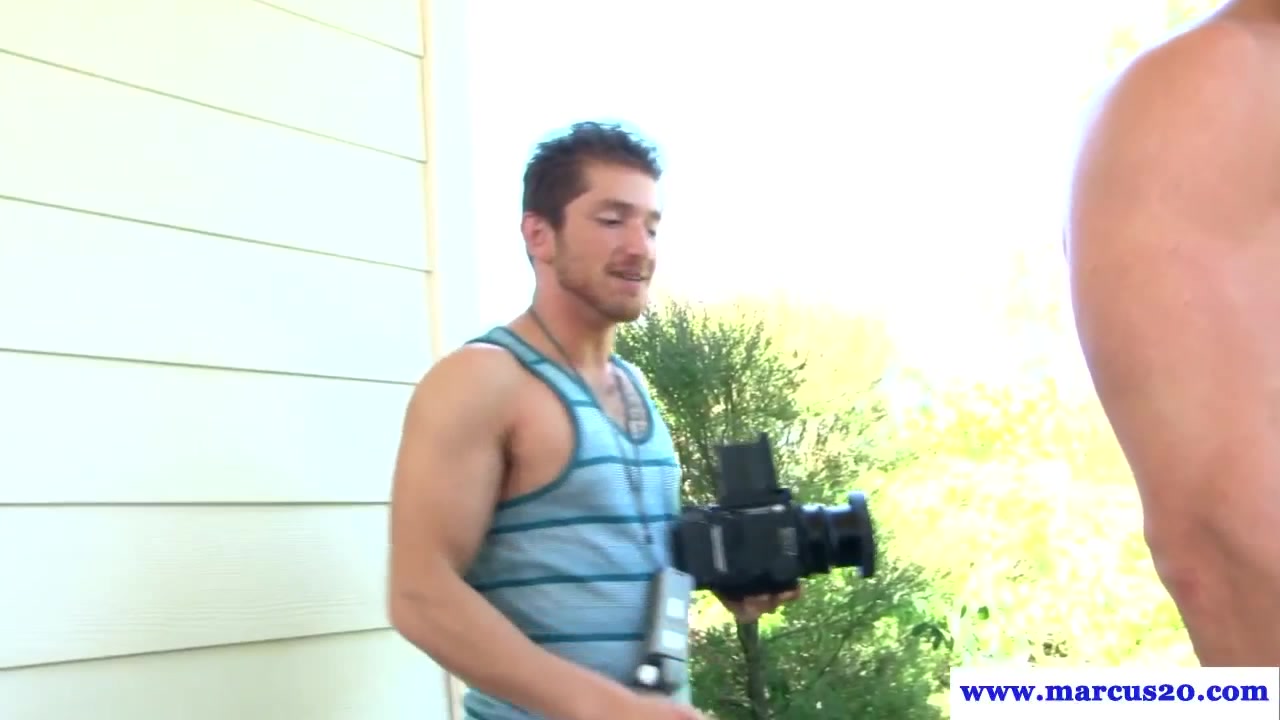 Straight muscular model hunk banged outdoors