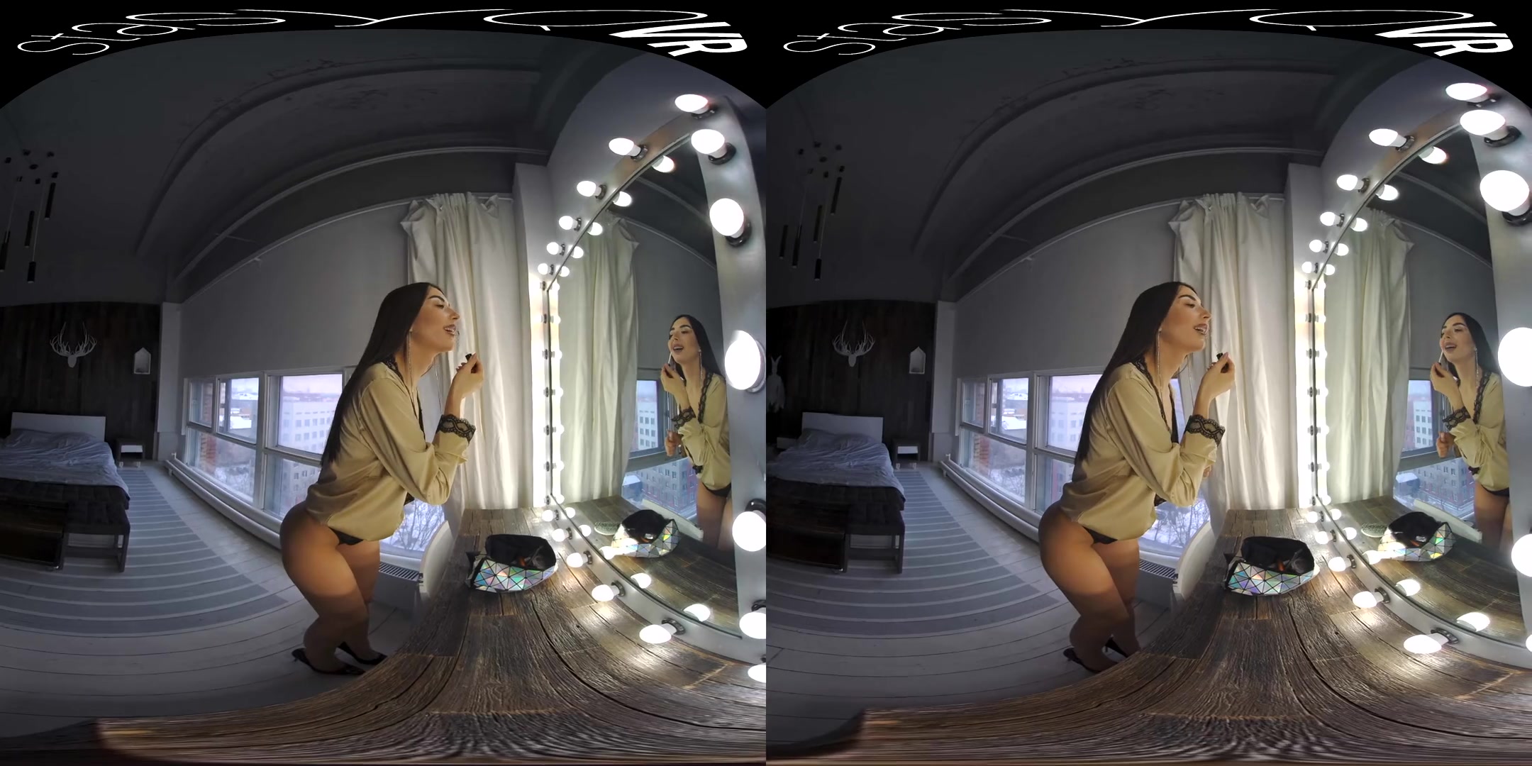 The Magic in the Mirror; brunette solo striptease glasses lingerie