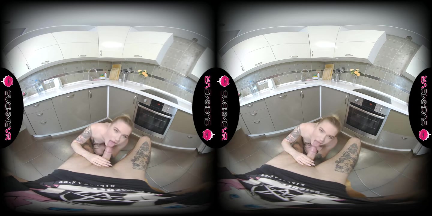 Blonde Tattooed Iris Sucks A Hard Cock In Her Kitchen - SuckMeVR