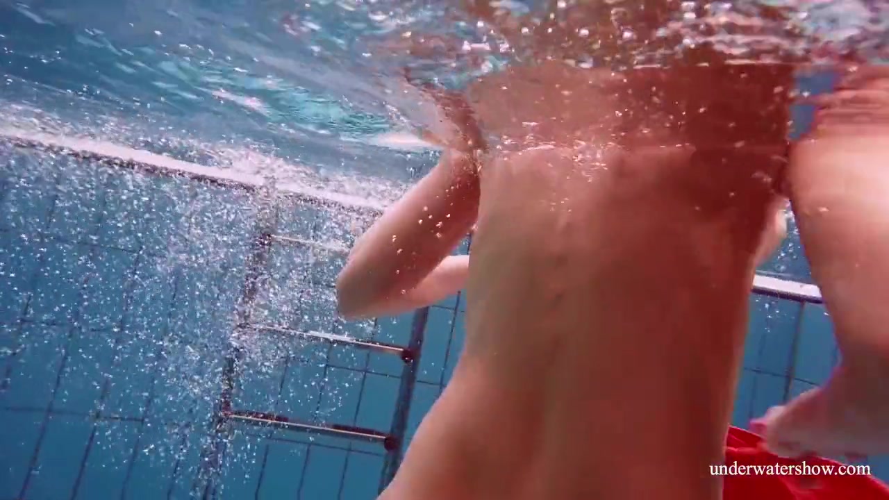 Red Long Dress And Big Tits Floating In The Pool