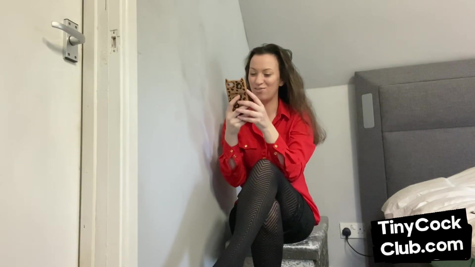 SPH domina in leather skirt talks bad to small dick losers