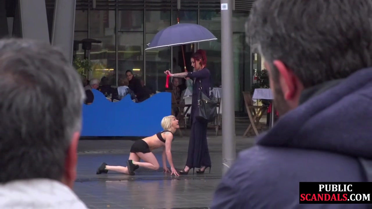 Public perverted naked slut seduced by BDSM lady outdoor