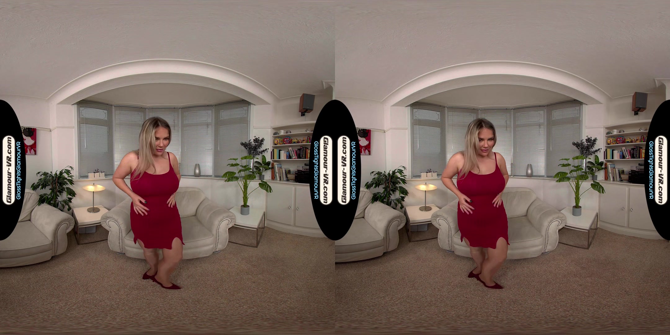 Siobhan Graves Red Party Dress With Tan Glossy Tights/Pantyhose Treat - 8k Vr
