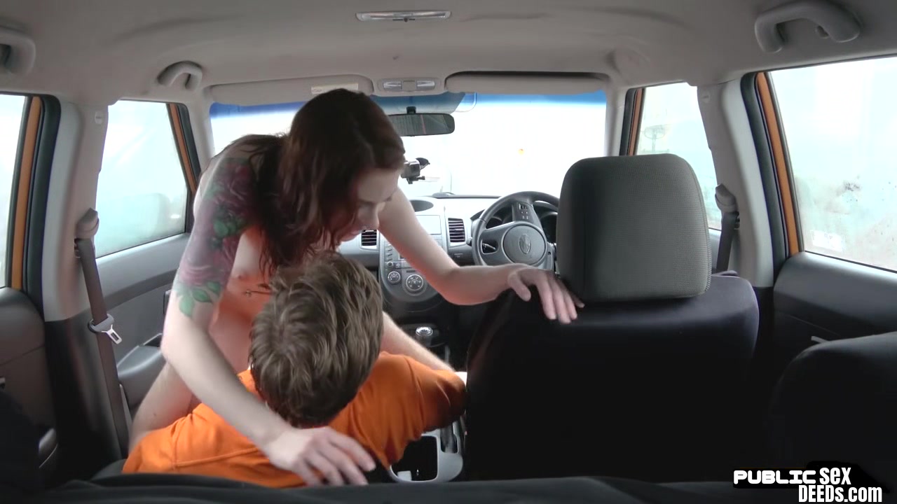 Tattooed medium tits babe fucked in car by instructor