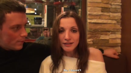 Cutie strips and sucks dongs in the cafe