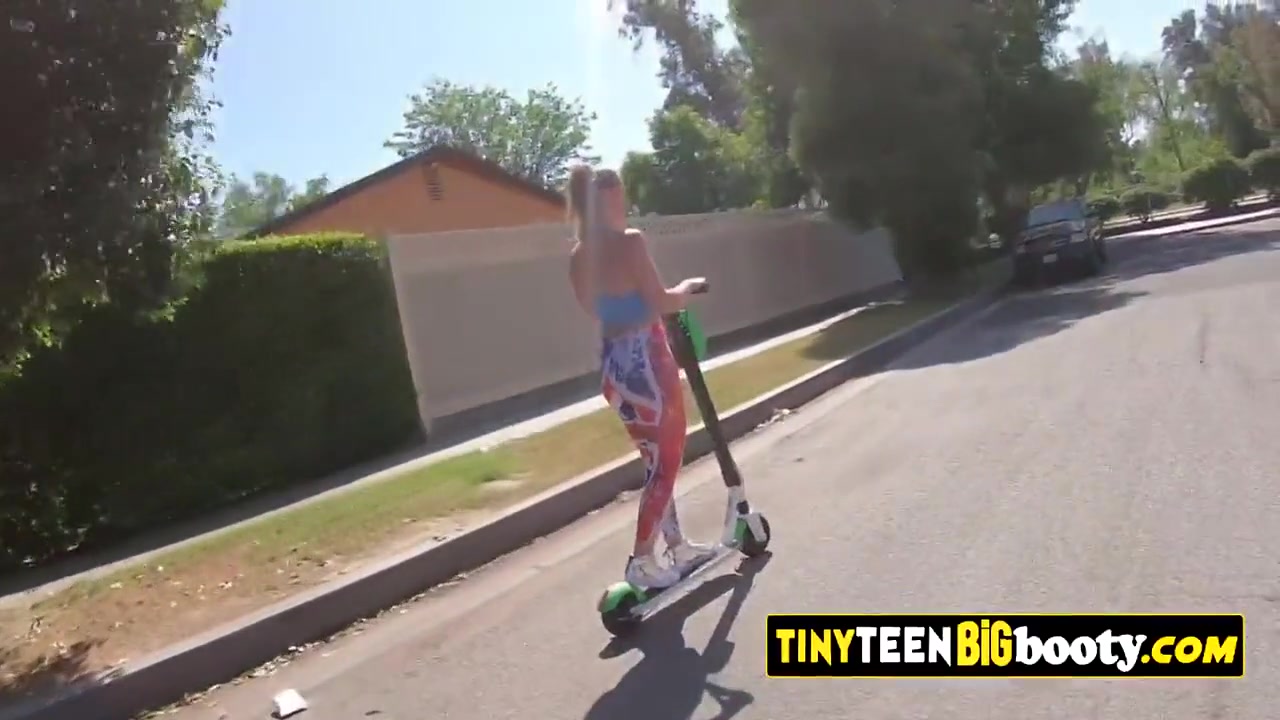 Tiny teen 18+ On Electric Kick Scooter Rides Step And Huge