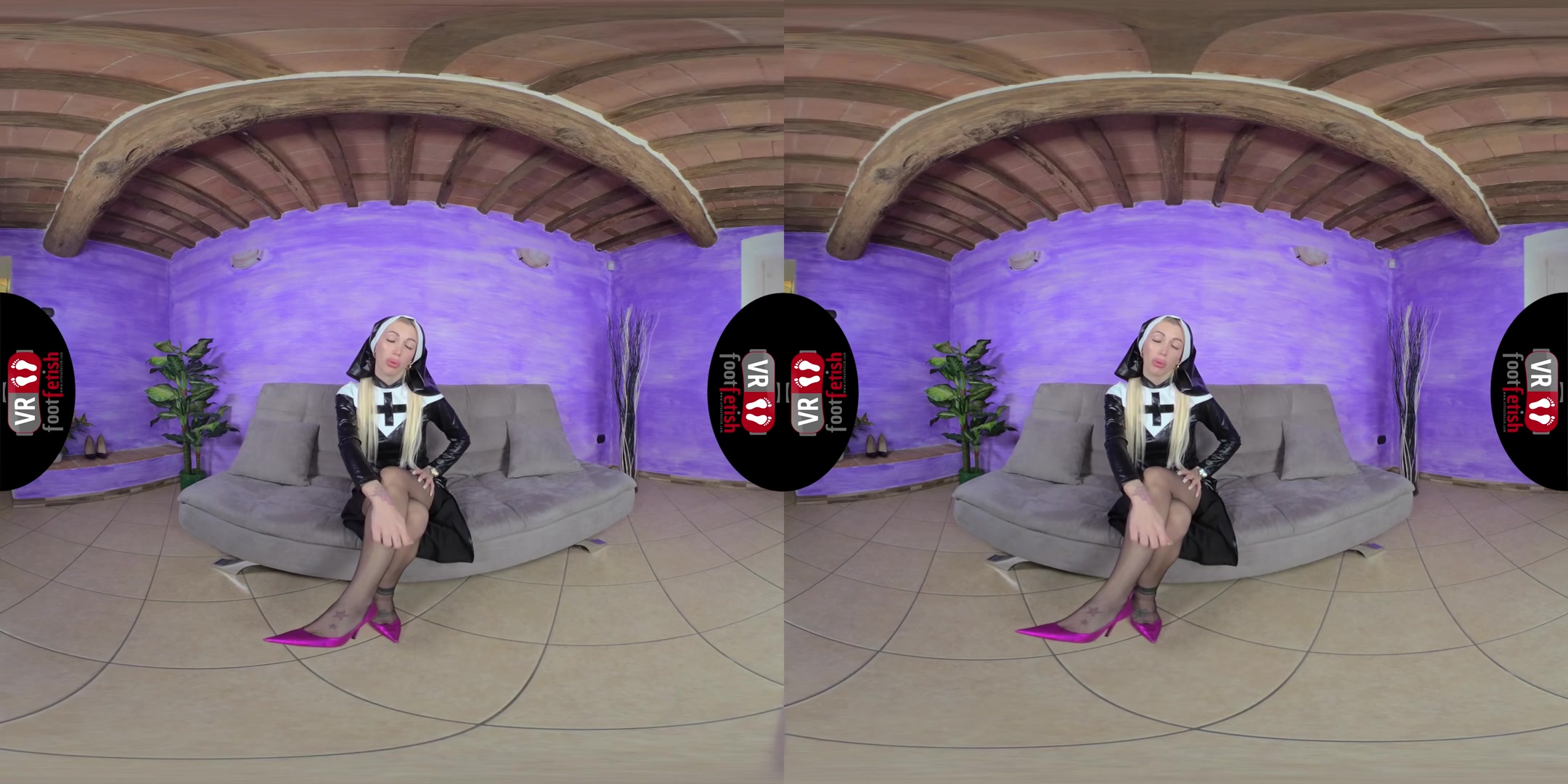 Naughty nun Elis Stimulates Her Pussy With A Purple Vibrator - VRFootFetish