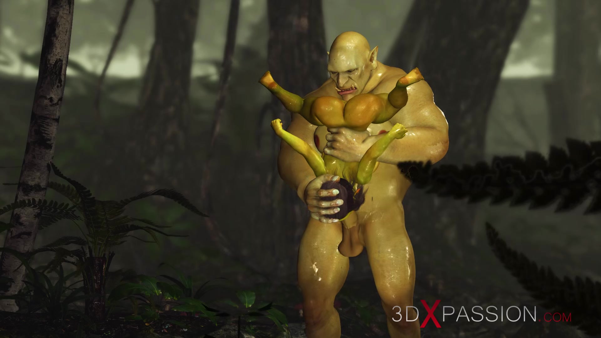 Horny female goblin Arwen and Green monster Ogre in the enchanted forest
