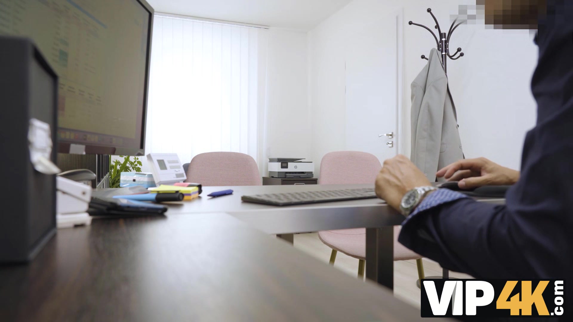 VIP4K. Old man watches his sexy wife fuckin on the loaner's desk