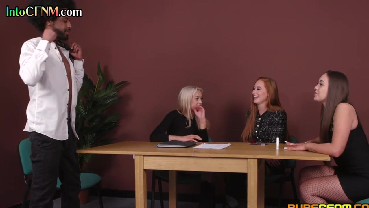 CFNM IR British femdom babes wank black cock in group HJ