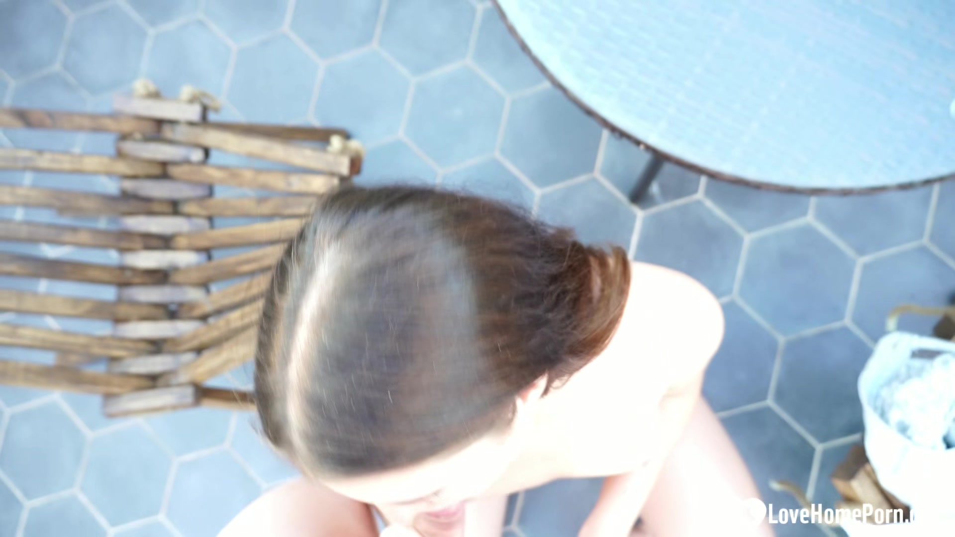 Lusty brunette sucks dick on her knees