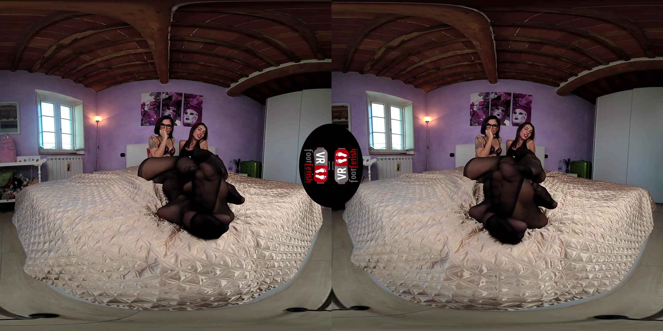 Brunette Power: Chiara and Petra Lay Down in a Bed in Black Nylons - Stockings Foot Fetish Lesbian Feet