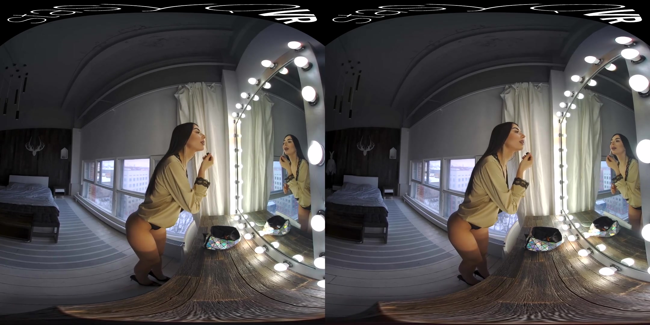 The Magic in the Mirror; brunette solo striptease glasses lingerie
