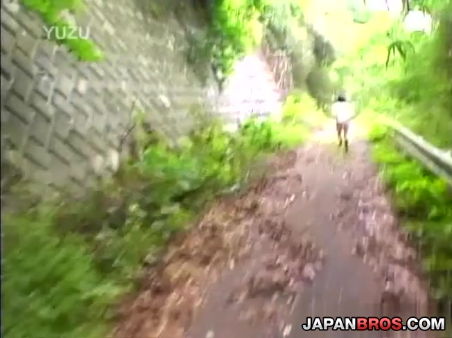 Japanese chick gets cum on boobs outdoor