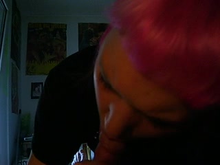 Pink-haired punk girl blowing her boyfriend's little wiener