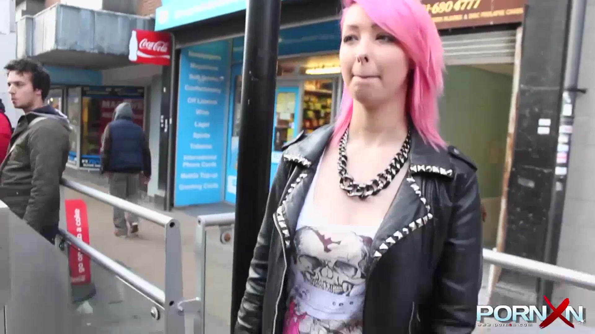 Pink hair slut flashing in public