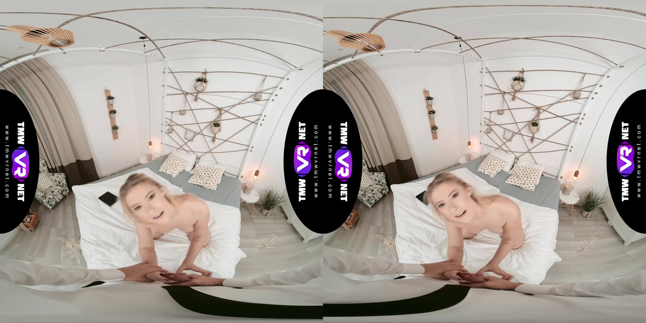 Glam blonde waits for dude in bed