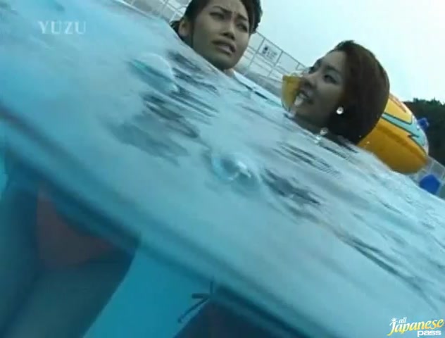Hot girls Mai Sakurai and Rara Motofuji in bikini playing at the pool