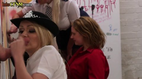 CFNM femdom police MILFS jerk gloryhole cocks in HJ orgy