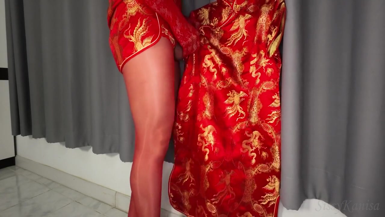 Sis K Crossdresser Masturbation In Red Chinese Dress