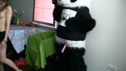 toy panda with a large pink by a strapon