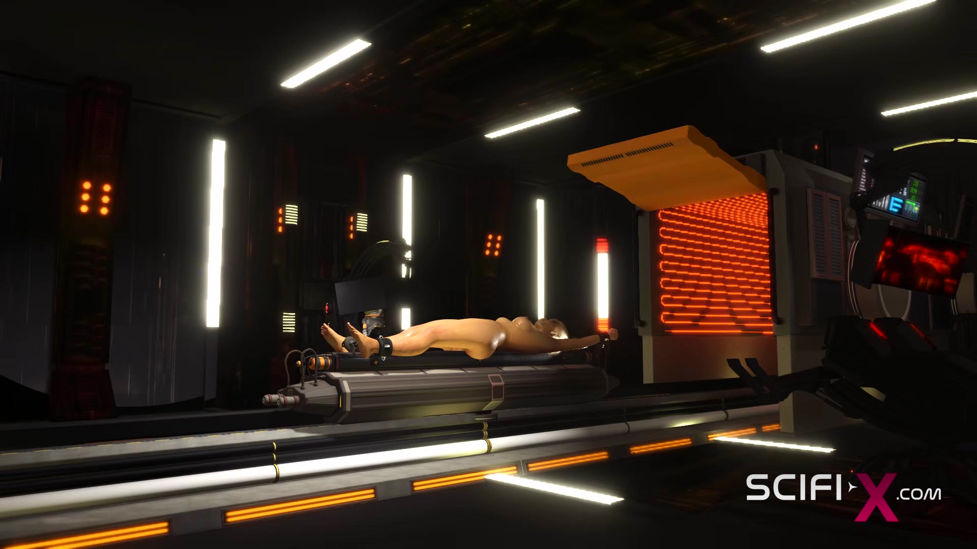 Green alien fucks hard a sexy cuffed girl in the sci-fi lab in a spacecraft
